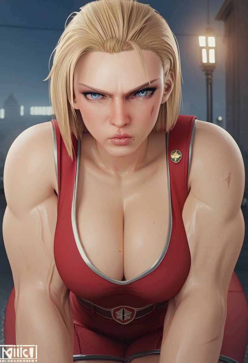 masterpiece, highest quality, highest resolution, distinct_image, detailed details) , 1 girl , solo , large breasts , large hips, cleavage, attractive body, attractive face, attractive eyes , soft skin , thin linear soft hair , one black mole under left eye , soft lips , soft skin , soft hair , attractive and brave facial expressions , on night , scars on arms and face , blonde hair, blue eyes, mascular muscles body , strong build body , Soviet Gymnastyorka outfit , war vibe , war area ,