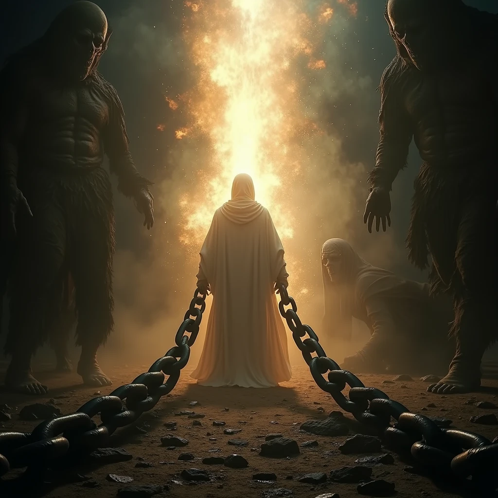 Creates an image of breaking large, thick and robust chains, bright By the Power of the Holy Spirit ,in a spiritual world and dark background darkness and evil shadows and evil male spirits .