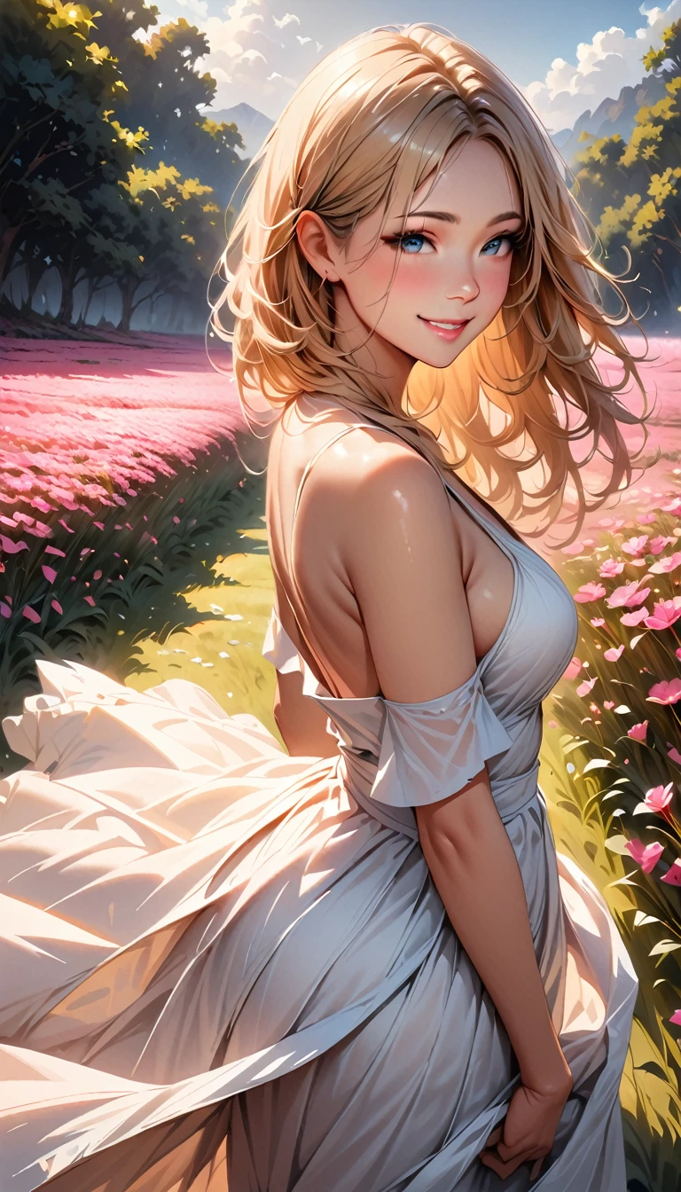 (masterpiece, best quality:1.4), Young blonde beauty, (((18 years old, neat girl))), detailed blue eyes, long eyelashes, blush, kind smile, horny, upper body, topless, small ass, round ass, pink skirt, (looking at viewer), beautiful blonde hair, white-skinned, (bangs:1.3), ponytail, (medium size breasts), (mushroom forest, celestial forest, beautiful and magnificent pink sunshine, majestic sky), natural light, pastel colors