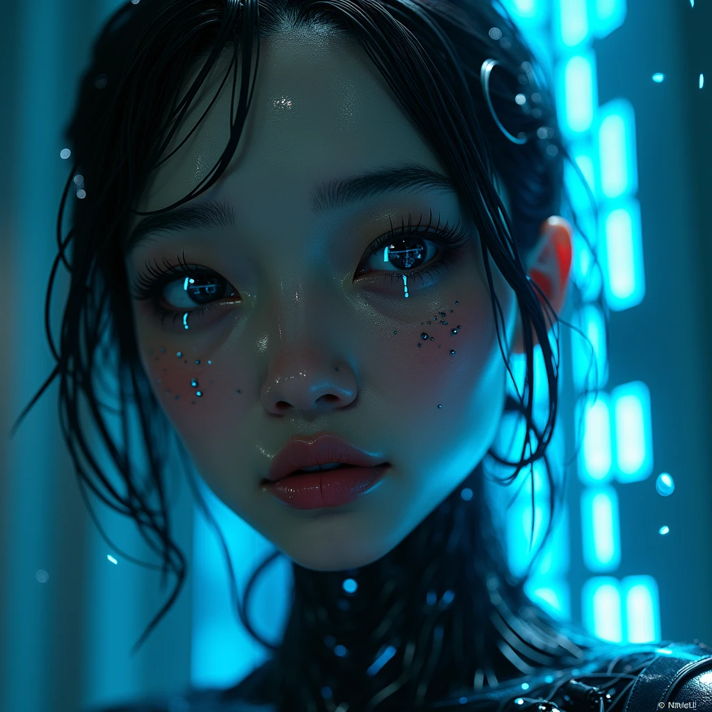 A black woman with Asian features of human appearance, but with AI traits, is highlighted. She has impeccable beauty, but his face and body show small cracks or crevices that reveal circuitry, wires, and blue neon lights beneath the skin. Her eyes shine inhumanly, with a blank expression, without real emotions. The background of the image is a mix of futuristic elements, with cascading binary codes and abstract digital patterns. There is a sense of distrust and coldness in the image., reflecting the idea of something that seems real, but it's not.