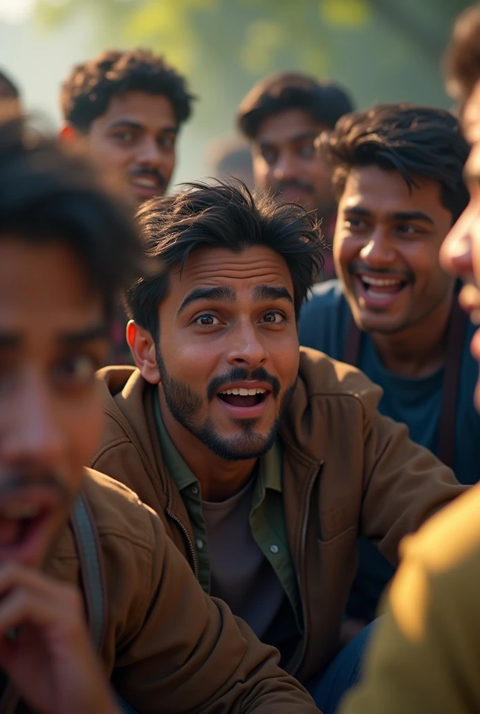 /Egg prompt: 2d, personality: [Illustrate Sahil catching his breath and recovering from shock, a mix of disbelief and laughter on his face as he reflects on their terrifying experience. His friends are nearby, sharing similar expressions of relief] unreal engine, hyper real --q 2 --v 5.2 --ar 16:9