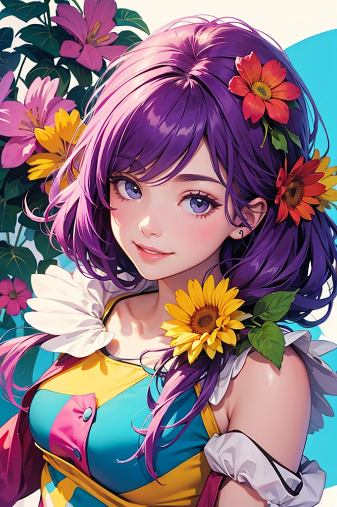Colorful hair girl big flower upper body smile