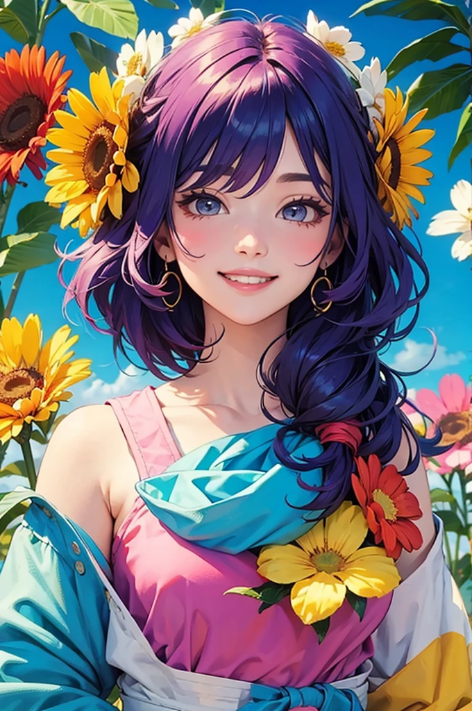 Colorful hair girl big flower upper body smile