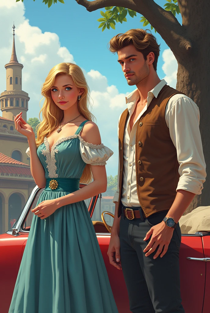 Create the cover of my book A PRINCESS IN TURKEY for me. Put the title in Brazilian Portuguese and my author name Kelly Ramos. Add a building in the background and a convertible car from the year 2023 to the cover of the book.,a princess dressed in dresses circa 1910 , his dark blond hair and blue eyes with a magic ring in his hand and a man dressed in casual clothes handsome and masculine man holding a cell phone talking in his ear make the image as human as possible very realistic
