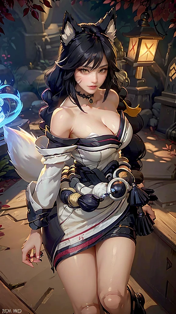 Ahri da league of legends,(best qualityer,4K,8k,high resolution, work of art:1.2)(weather: windy), 1girl, Japanese female, spirit forest background, red and white long sleeve korean kimono dress, cleavage, spirit sphere, cute makeup, thigh high boots, belt, long black hair, braided hair, fox ears, multiple fox tails, ultra detailed, realistic, portrait, beautiful detailed yellow eyes, beautiful detailed lips, extremely detailed eye and face, beautiful girl, long eyelashes, sexly, average, large breasts, beaming smile, combat stance, stunning curves, bright coloured, dramatic lighting,