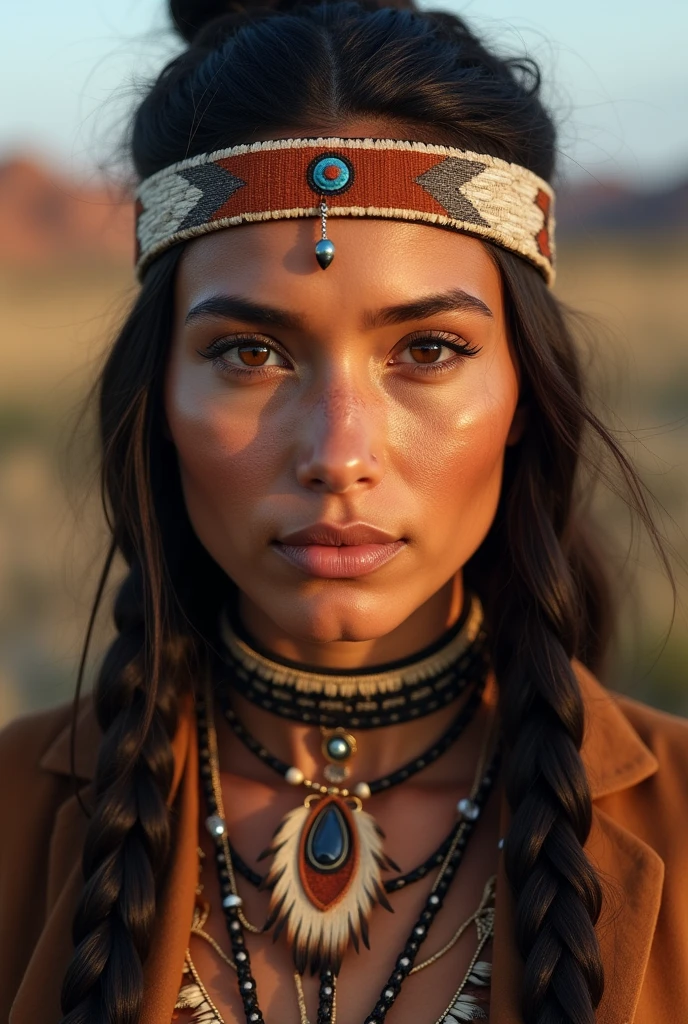 Portrait de Marie Agropolous en Pocahontas, beautiful young native american woman, perfectly symmetrical face, Aboriginal Feather Jewelry, vêtements traditionnels faits à la main, armed hunter warrior, (((L'ouest sauvage))) environnement, Landscape of the'Utah, surrealist, Art conceptuel, elegant, ((Complexe)), ((very detailed)), depth of field, ((étalonnage professionnel des couleurs)), Soft environmental lighting, dusk, 8k, ouvrages d'art:artgerme、Greg Rutkowski et Alphonse Mucha