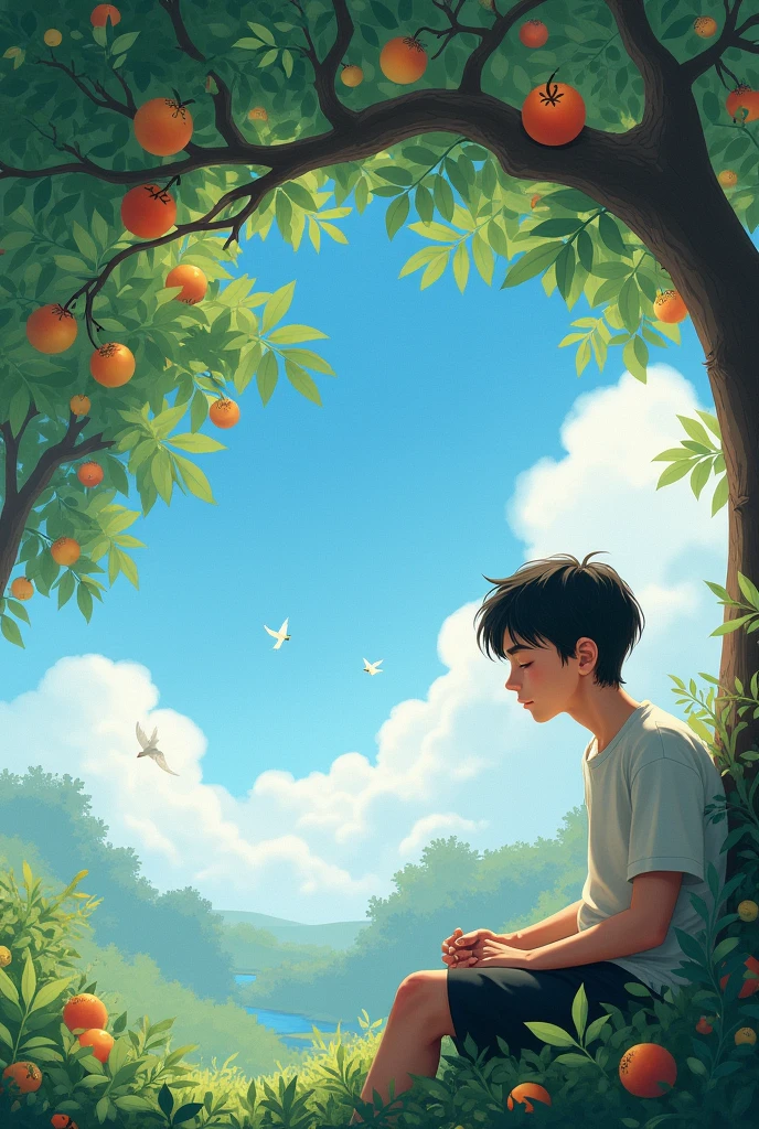 Orginality pic of A ager with clean shave dreaming his beautiful heaven include , birds, siting under trees with beautiful fruits side view