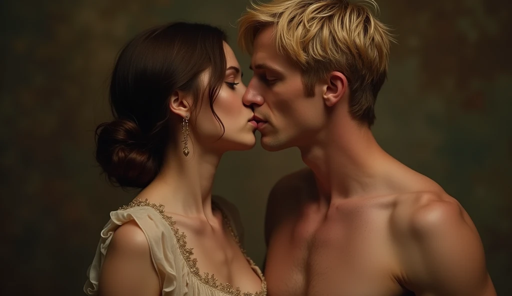 man with short blond hair and woman with brown hair in a passionate kiss, He has a sculpted body and is shirtless, she wears a simple 19th century period nightgown