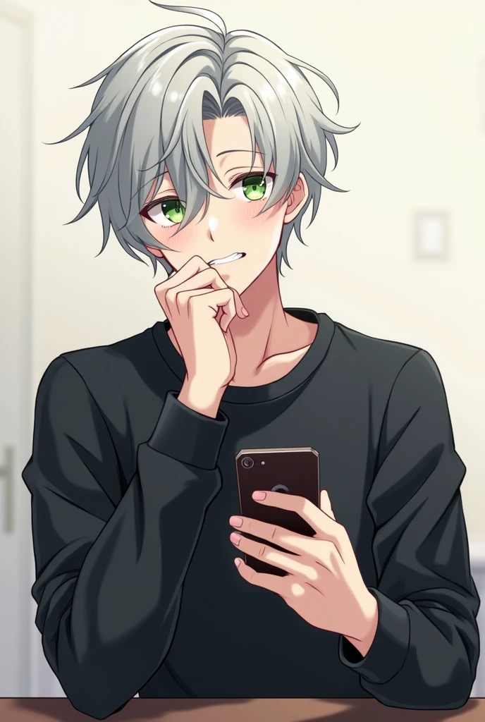 This image is、Shows the illustration of a young man。He is wearing a black sweatshirt、While holding the smartphone in one hand、The other hand is supporting the chin。His hair is short、In pale grey、I feel a little disorganized.、The eyes are bright green。His expression seems a little thoughtful.、It creates a calm atmosphere。The background is simple、His appearance stands out。overall、Stylish and attractive visuals。
Anime Shōnen with gray hair and black shirt holding a cell phone, Looking at mobile phone, Young Anime Guy, Handsome anime pose, Male Anime Characters, Anime handsome guy, Anime Shōnen, Male Anime Style, He has dark grey hair, Tall anime guy with blue eyes, He has a smartphone, Anime portrait of a handsome man, Digital anime illustration