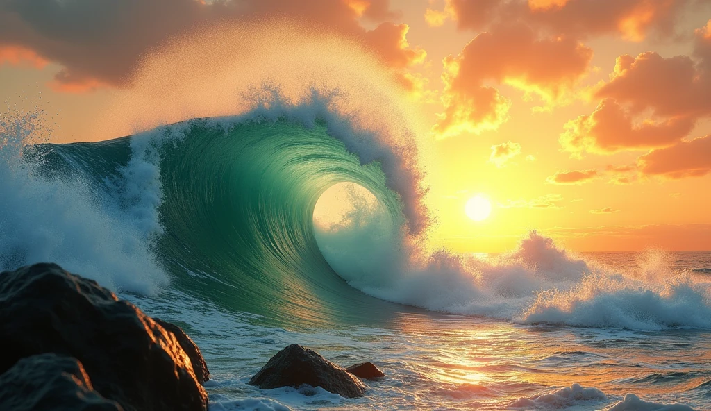 (photorealism: 1.2), realistic photo of a wave at sunset