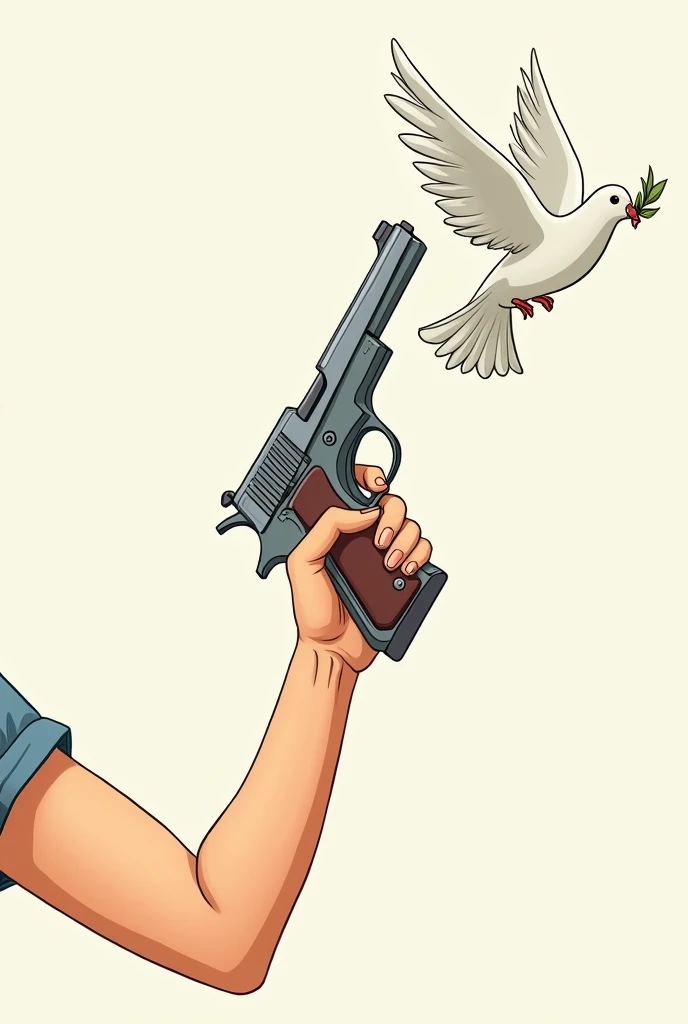 From the point of view of a cartoonist, he makes a drawing of a female arm with a gun., pointing to a dove of peace carrying an olive branch in its beak