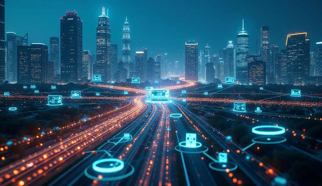 Artificial image of Networks and IoT, in smart city applications, with the same writings in the image.