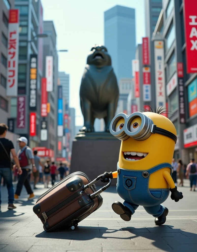  Minion Kevin pulling luggage on his hand.He quickly ran to Shibuya to take a photo with the Hachiko statue.