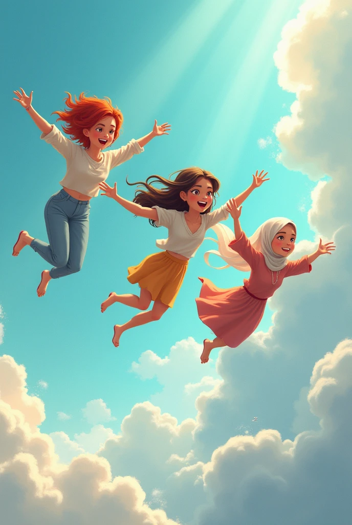 Create image of me and my friends. We are sky flying together .We are girls 

One friend is short in height and she have short hair looking blood
Iam a tall person and have long hair 
Other friend is medium in height and wear hijab 