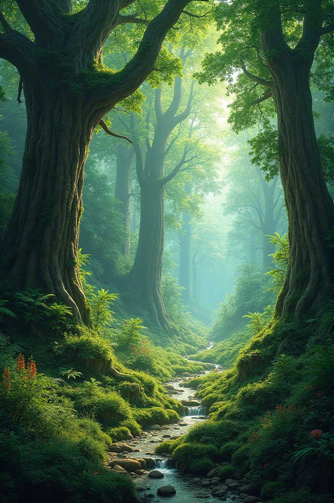 A lush green forest setting.