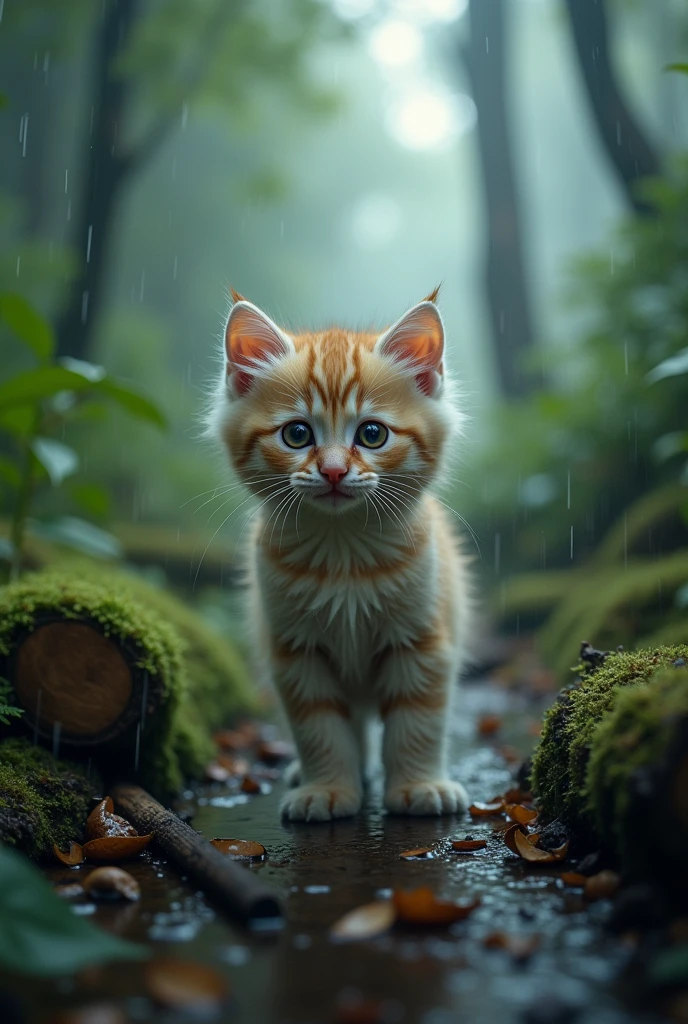 Cute close-up photo of a kitten lost in the woods., Overcast (rain: 1.3), (Kinetics: 1.2), complicated details, ((A cat walks in the forest.)) ,Two-legged standing