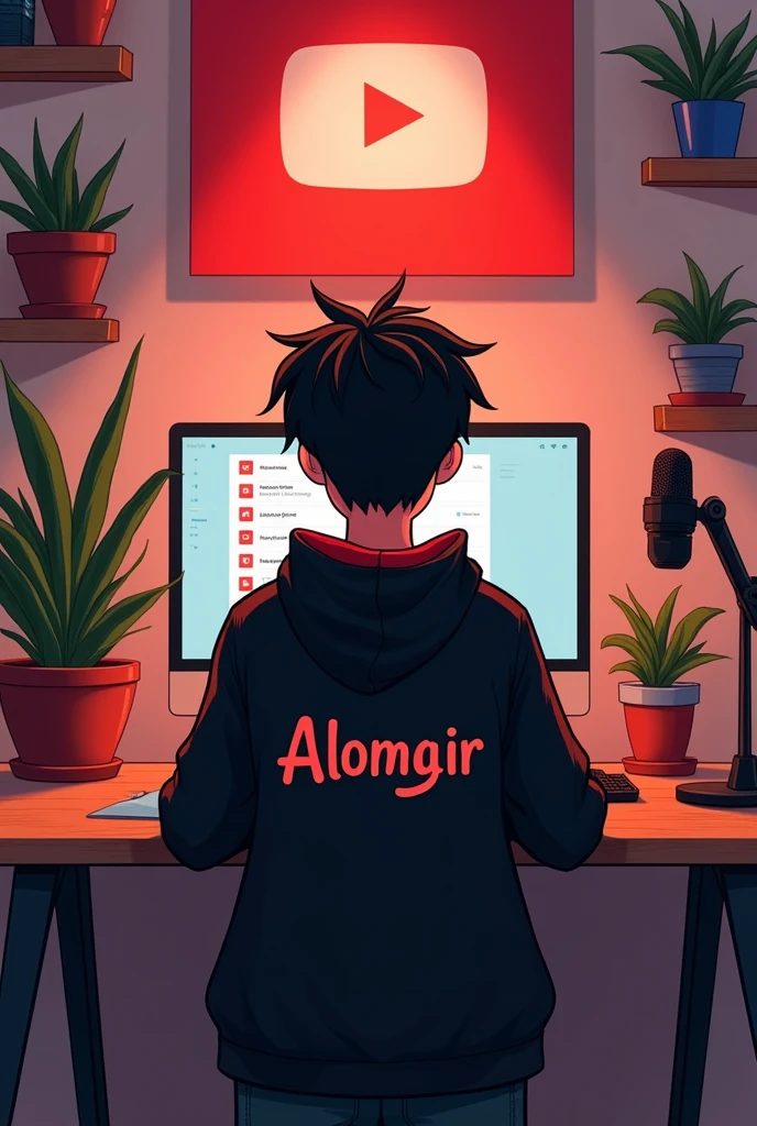 Create a image of "A 18 years hansoms boy sitting in front of a computer desk with a microphone and laptop, wearing black and red hoodie with the Channel Name on it "ALOMGIR". The background includes a large YouTube logo on the wall, potted plants on either side, and various recording equipment."