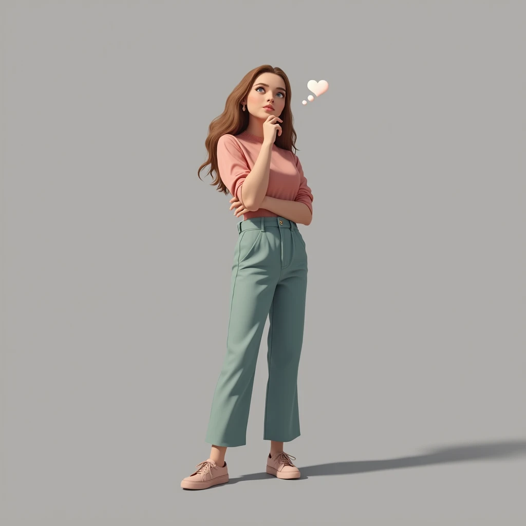 A woman is looking up and thinking about what she is going to eat, she is wearing a nice outfit, baby pink. In the second photo, this same woman is smiling and looking at the camera..