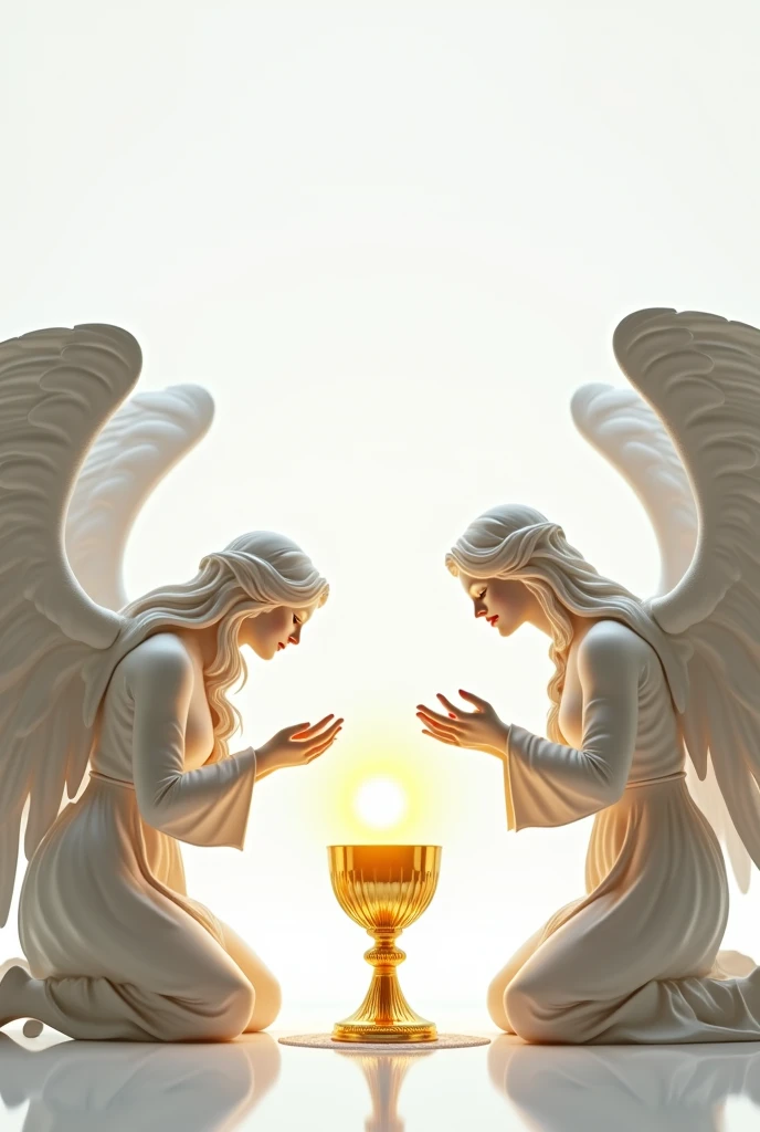 Realistic archangels on their knees guarding a chalice and a golden host on a white background.