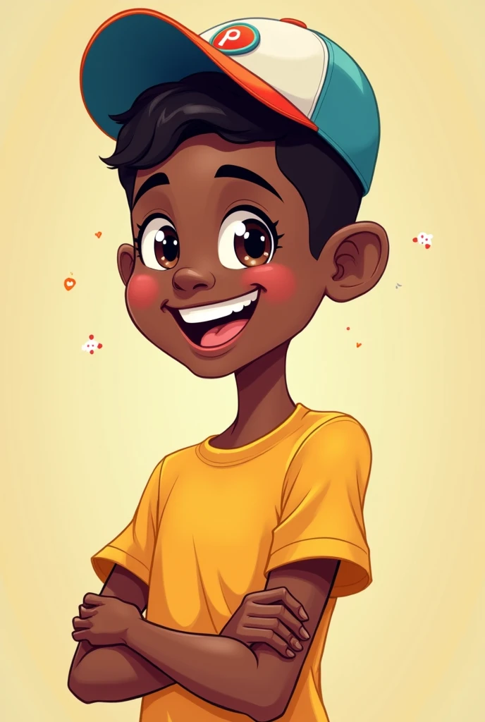 A very happy dark-skinned teenager wearing a cap in cartoon form