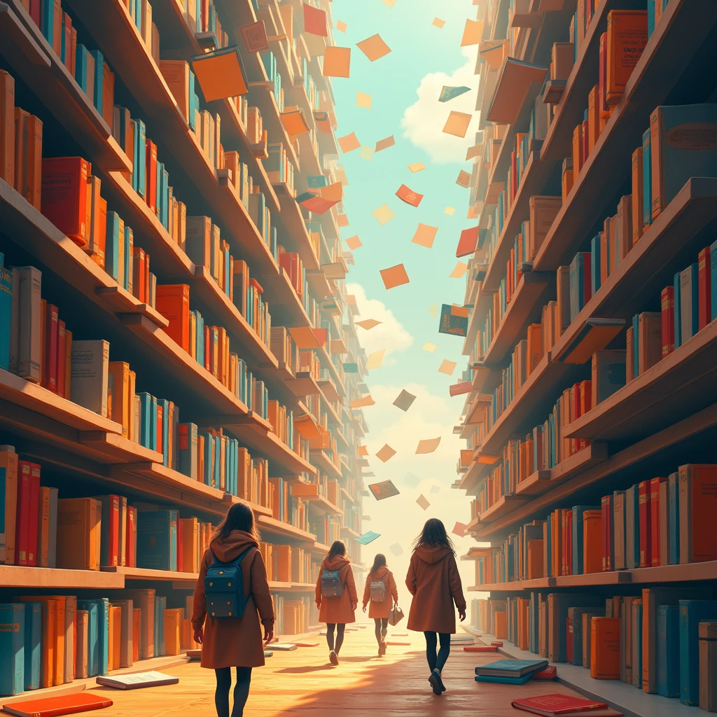 surreal Scene, abstract fantasy art, A huge library,The books on the bookshelf are floating in the air,Readers can freely travel through the sea of books。The colors are dominated by the warm colors of the wooden bookshelves and the colorful covers of the books.,The light and shadow are mainly based on the soft lighting in the library,The details are reflected in the arrangement of books and the dream experience of readers.