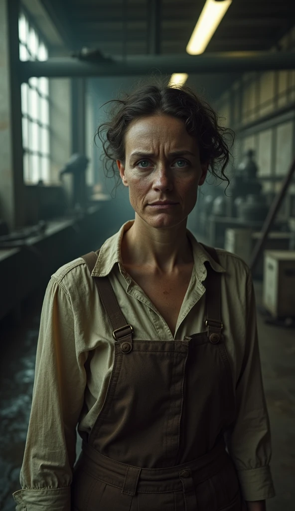 A close-up of a female factory worker showing signs of advanced illness with hollow cheeks and a weary expression caused by phosphorus exposure, late 19th century, wearing worn work clothes in a dimly lit and grimy factory, with industrial machinery and chemical containers blurred in the background, close-up shot, photo realism, cinematography. The camera lens should be 200 mm, aperture f/4.5, ISO 1600. Artistic medium: color photography.