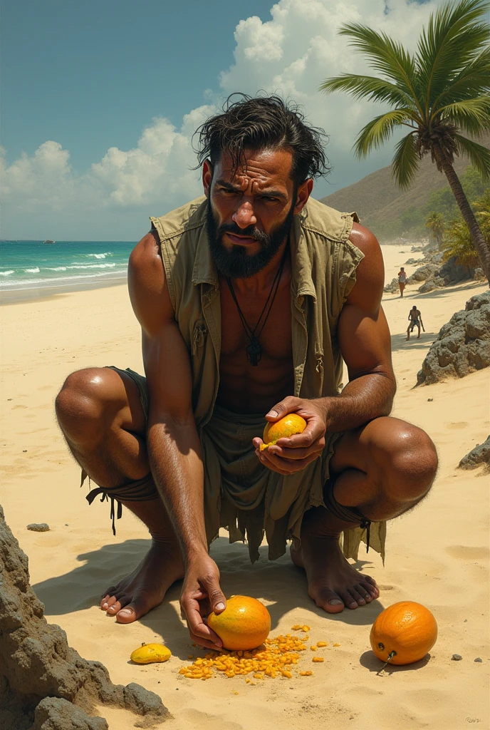 Man lost on desert island eating fruit