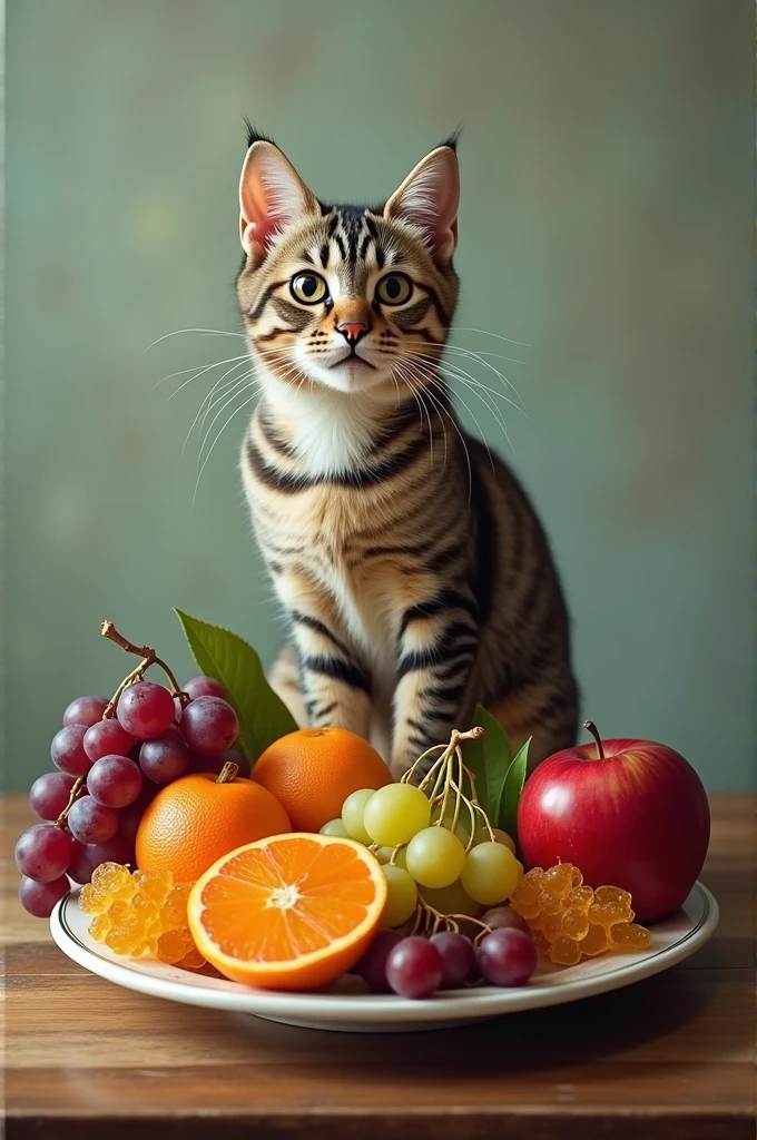 Create a cat with fruits on a plate apple tangerine honeycombs and grapes