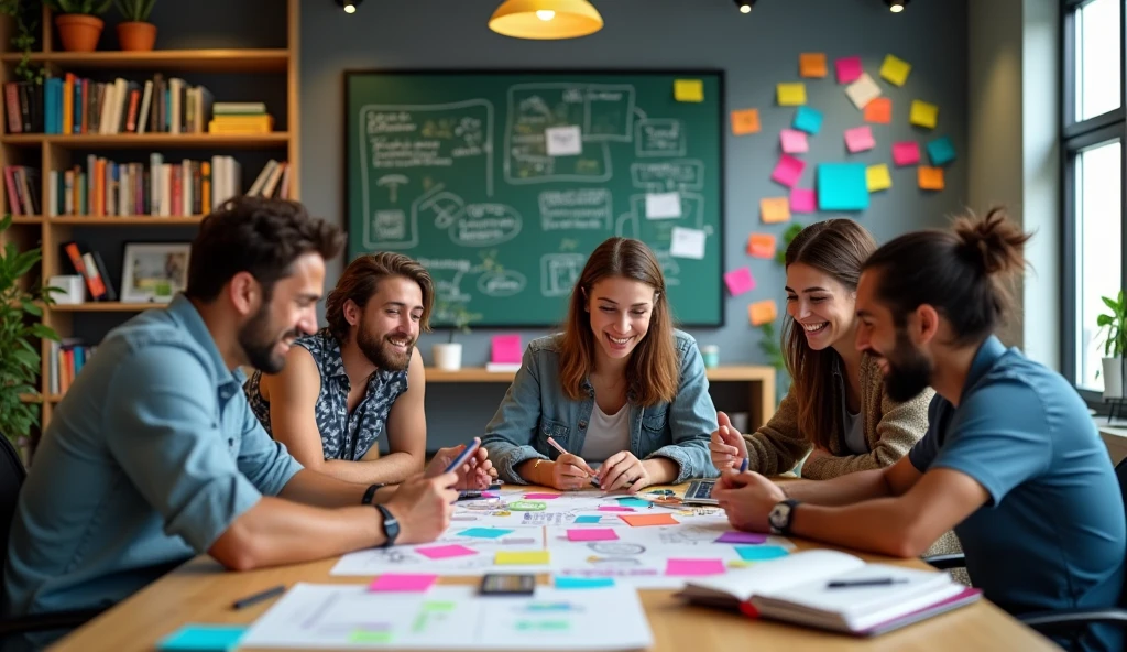 A vividly detailed image of a creative startup office, where a diverse team is enthusiastically engaged in a collaborative project. The workspace is decorated with sticky notes, creative sketches, and various prototypes. The background includes shelves with entrepreneurship books and a large chalkboard covered with brainstorming ideas. Photorealistic, 8K, (best quality, 4K, 8K, high resolution).