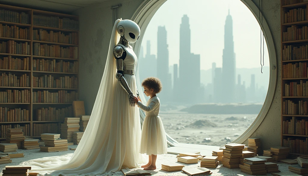 In the dead city of the future, Live Writing, In a room with books, Unobscured, Surreal, Very detailed, Digital paint, Concept Art, Gentle and elegant, Sharp focus, Wide-angle shooting , robotgeneral mobilization , , Lovely , with a Lovely baby , There is a Lovely robot standing in the future city play with a Lovely baby, which is a very Lovely robot, Lovely elaborate epic robot, 漂亮的robot角色设计, robot, 未来派robot的肖像, robot与有机物的混合, 未来robot, humanoid character, 概念robot, 白色robot, robotConcept Art, 蒸汽朋克robot ,general mobilization, (masterpiece,Extremely detailed,Top quality)