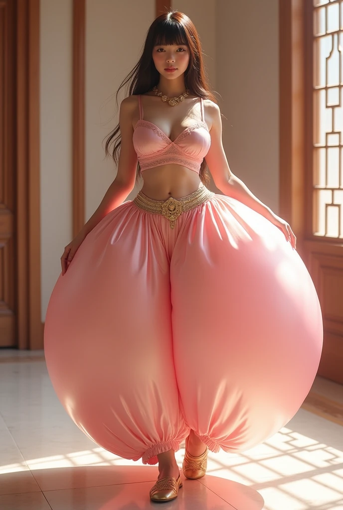 Pretty Japanese high school girl with super colossal breasts, solo, fullbody shot, brown eyes, brown long straight hair, hime cut, blunt bangs, blunt tips, hourglass figure, gigantic cleavage breasts, J-Cup breasts, (Insanely huge gigantic breasts, ginormous breasts:1.6), wearing an Arabian outfit consisting of humongous inflatable satin full length princess Jasmine-style harem pantaloons with her belly button completely exposed, gold dance shoes, and a simple satin strapless bra. The outfit is light pink and the pants are extremely puffy and completely round and completely spherical, (Best quality:1.3).