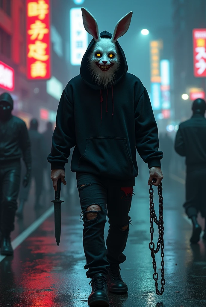 lizoldBS_soul3142,1 male, furry White bloody rabbit mask with creepy smile and yellow bloody teeth, completely Black hoodie, standing in the city street at night, neon lights in the background, steampunk, dystopia, ethereal, detailed, masterpiece, best quality, dramatic lighting, full body, torn Black pants, blood stains, walking to camera, holding ritual knife in the right hand, dead bodies in the background, chains in left hand
