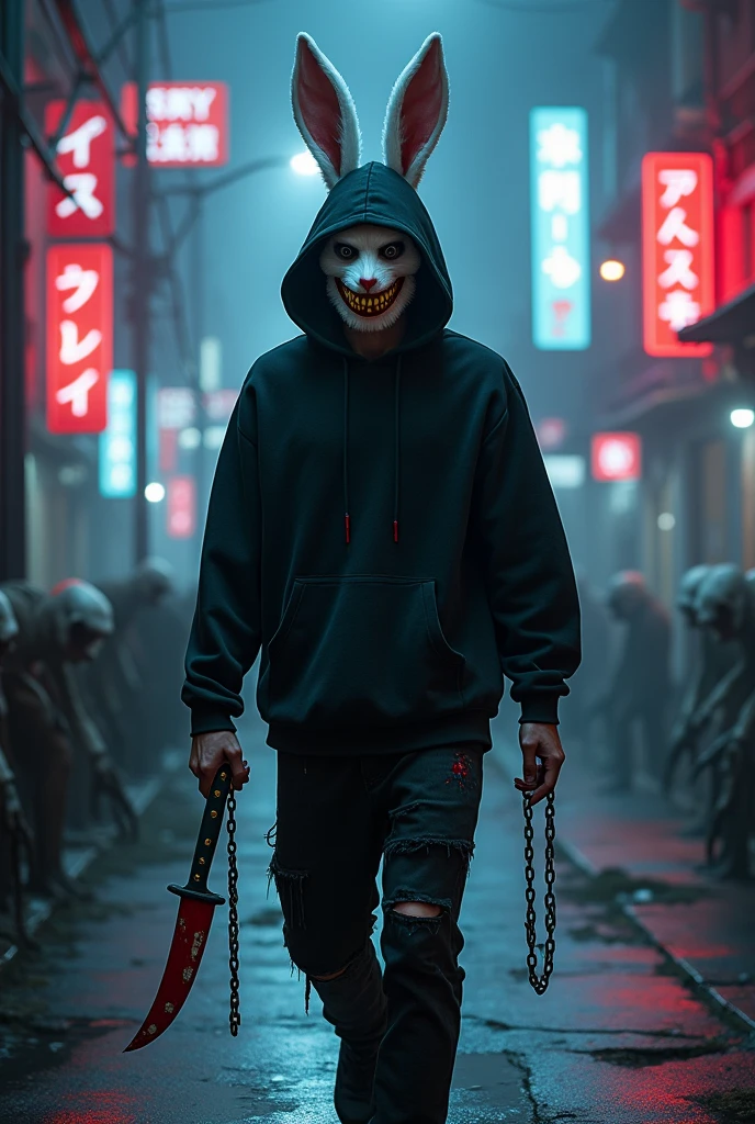 lizoldBS_soul3142,1 male, furry White bloody rabbit mask with creepy smile and yellow bloody teeth, completely Black hoodie, standing in the city street at night, neon lights in the background, steampunk, dystopia, ethereal, detailed, masterpiece, best quality, dramatic lighting, full body, torn Black pants, blood stains, walking to camera, holding ritual knife in the right hand, dead bodies in the background, chains in left hand