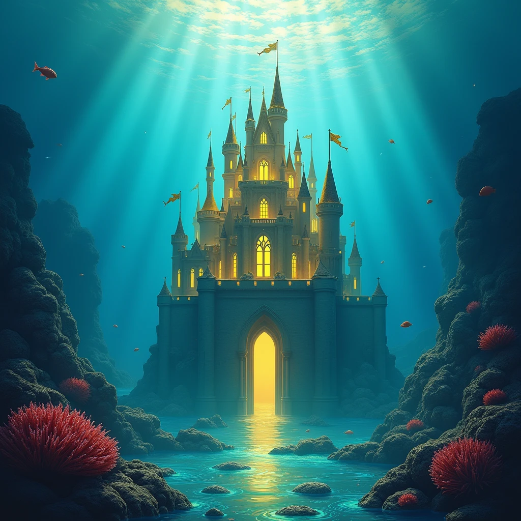 surreal Scene, abstract fantasy art, A magnificent castle stands in the deep sea,Surrounded by colorful corals and swimming fish。Warm lights shine through the castle windows,In sharp contrast to the deep blue of the sea。The main colors are the blue of the sea and the gold of the castle.,The light and shadow are mainly based on the refraction of underwater light.,Details are reflected in the castle's architectural style and the diversity of marine life
