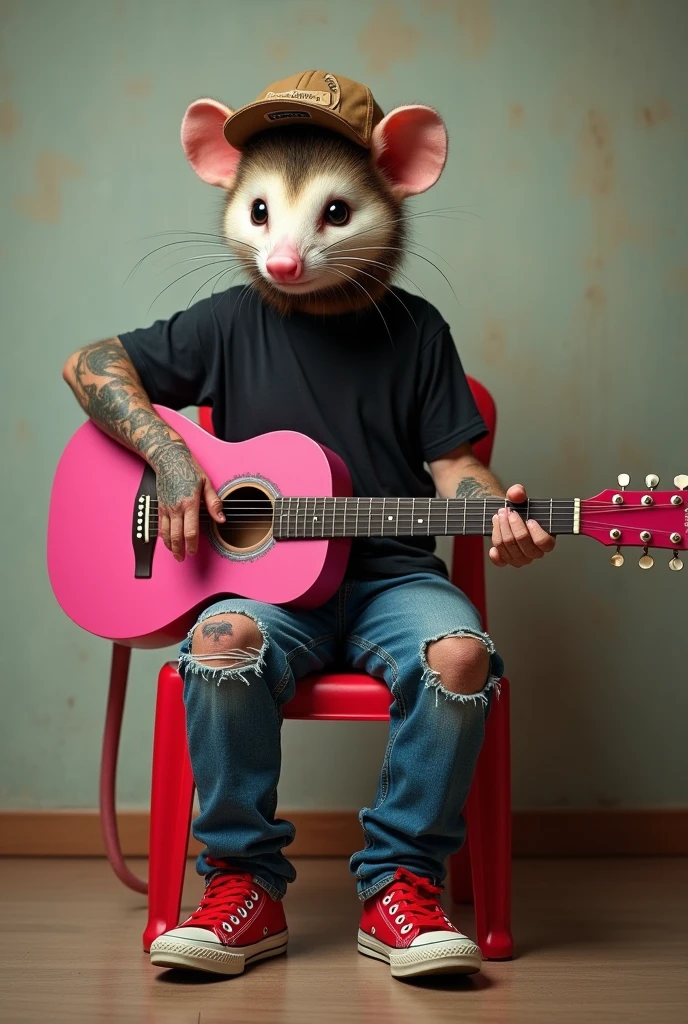 Generate for me the image of a humanized possum sitting on a red plastic chair next to a wall behind him wearing red tennis shoes, blue jeans torn at the left knee, wearing a black short-sleeved shirt and on his right hand he has a tattoo of a dog with mange, also wearing a brown cap and playing a pink guitar.