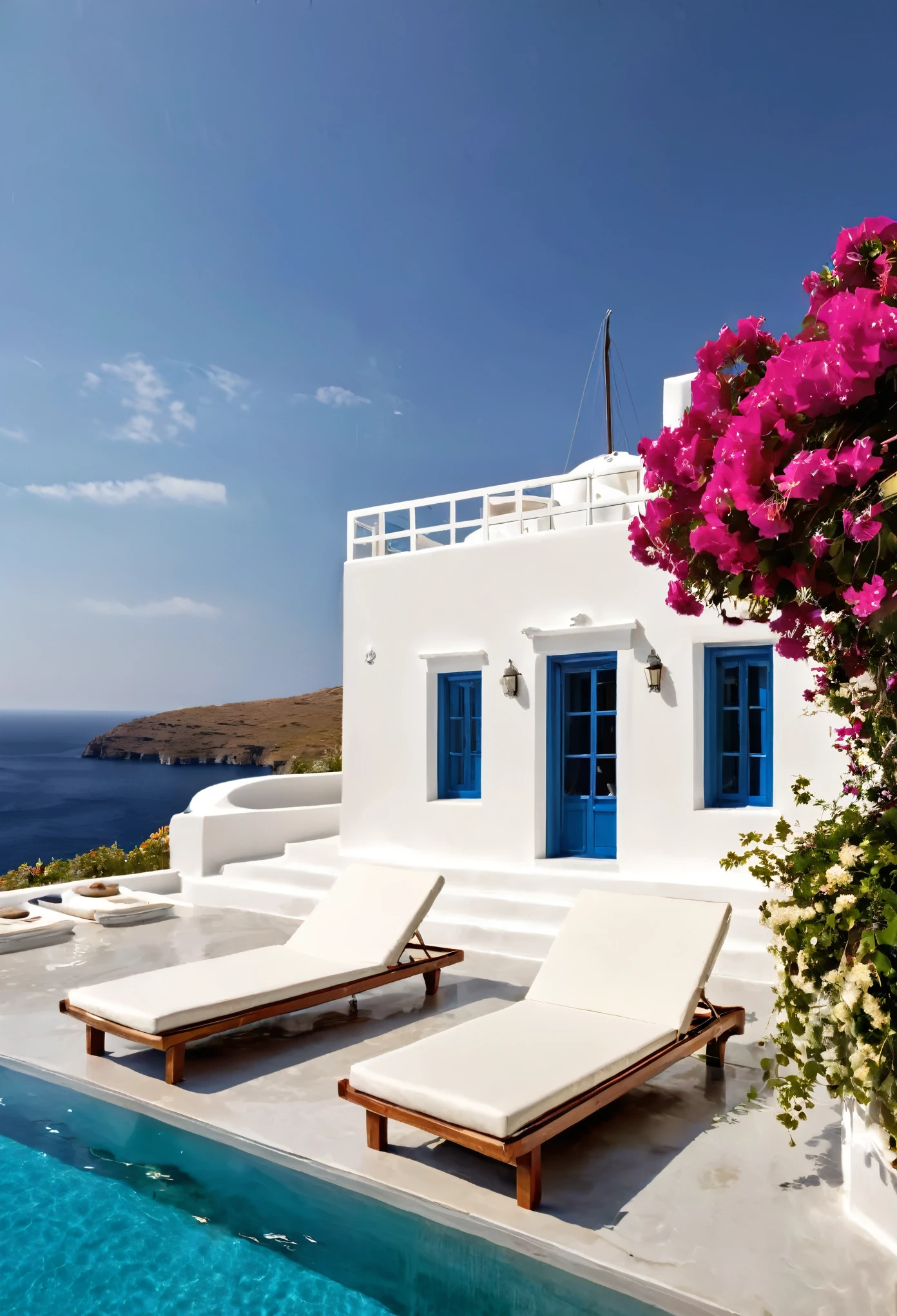 A luxurious Greek villa overlooking the Aegean Sea, set in a serene summer afternoon. The villa features traditional whitewashed walls with blue accents, typical of Cycladic architecture, blending seamlessly with the bright blue sky. A large, infinity pool is in the foreground, its crystal-clear water reflecting the sun's rays. Comfortable, stylish sun loungers with plush white cushions line the poolside, shaded by elegant cream-colored umbrellas. Lush greenery and vibrant bougainvillea flowers frame the scene, adding a burst of color. In the background, the tranquil sea stretches to the horizon, with a few sailboats gently gliding across the water. The atmosphere is calm and inviting, perfect for relaxation and enjoying the natural beauty of a Greek summer.
This scene captures the essence of luxury and relaxation, ideal for content focusing on the calming and rejuvenating aspects of a Greek summer by the pool.