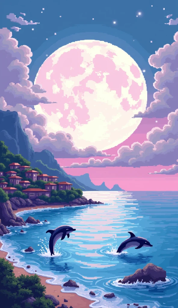 Pixel art of giant moon rising on calm sea, beautiful detailed pixel art, detailed pixel art, Lofidel retro video game, concept pixelart, detailed pixel artwork, Pixel art style, pixel town, pixel art animation, high quality pixel art, Dolphins jump off the sea, super detailed color lowpoly art, #Pixel art:3, # Pixel art, #Pixel art