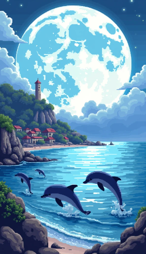 Pixel art of giant moon rising on calm sea, beautiful detailed pixel art, detailed pixel art, Lofidel retro video game, concept pixelart, detailed pixel artwork, Pixel art style, pixel town, pixel art animation, high quality pixel art, Dolphins jump off the sea, super detailed color lowpoly art, #Pixel art:3, # Pixel art, #Pixel art