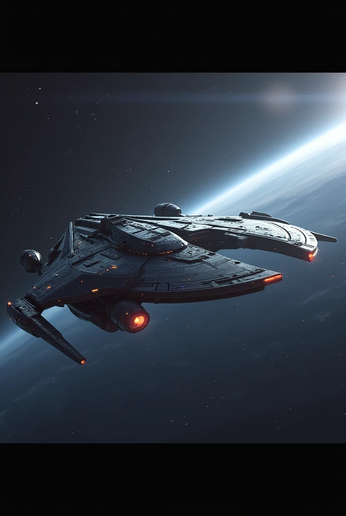a futuristic starship with the shape of a star trek ship and the wings of a klingon ship, highly detailed, masterpiece, cinematic lighting, hyper realistic, 8k, dramatic, awe-inspiring, sleek, elegant, powerful, dynamic, glowing thrusters, intricate details, metallic textures, advanced technology, science fiction, concept art