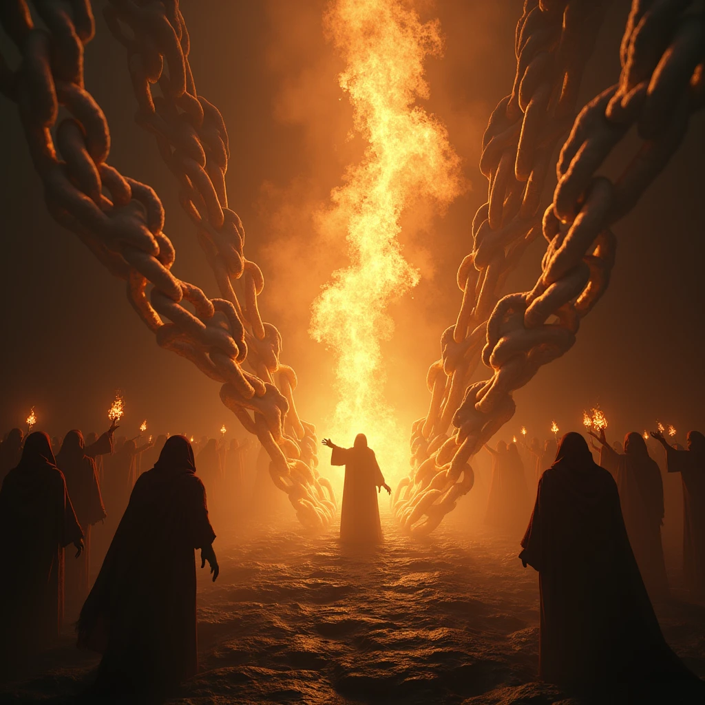 Create an image of breaking large, thick and robust chains, bright By the Power of the Holy Spirit filled with fire and incandescent light ,in a spiritual world and dark background darkness and evil shadows and evil male spirits .