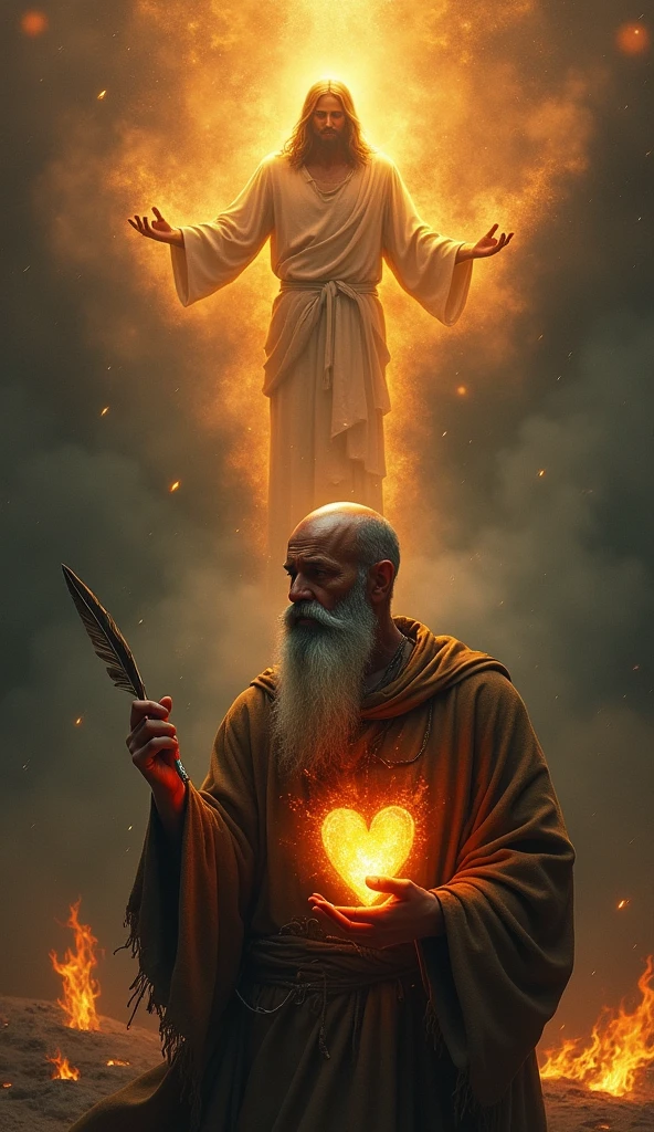 beared man, baldie, offwhite, with a burning heart in one hand and a quill pen in the other. being watched by Jesus Christ in flames.