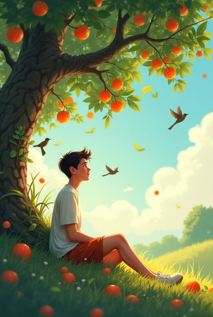 Orginality pic of A happy mind teenager with clean shave dreaming his beautiful heaven include , birds, siting under trees with beautiful fruits side view