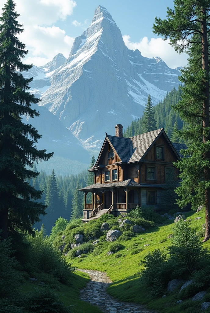 Old house in the forest surrounded by trees and mountains seen from the top of a mountain