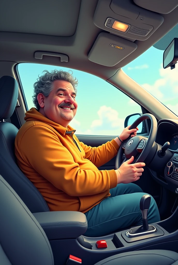 Help me create an image of my dad who is 5, works at Uber, is a little gray-haired and fat, dresses a little baggy, so he looks less old