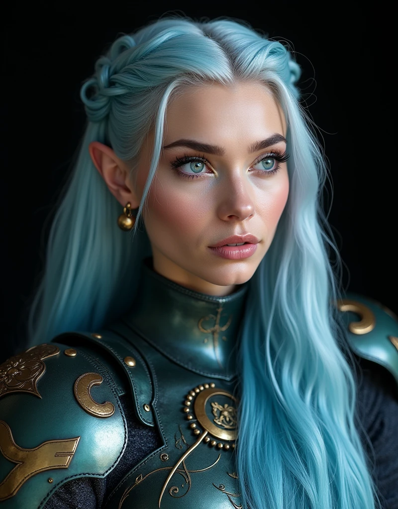VALKYRIE WOMAN WITH AN HYBRID FACE BETWEEN CLAUDIA SCHIFFER AND LINDA EVANGELISTA , WARRIOR WOMAN, BUST IMAGE STYLE, STUDIO IMAGE STYLE, BLACK INFINITE BACKGROUND, DIFFUSED LIGHTS ON FACE, BACK LIGHTS ON HAIR, LUMINOUS PINK BLUE HAIR, CLOSE FACE SHOT, HUGE LONG HAIR, HUGE STRAIGHT LONG HAIR, BRAID HAIR STYLE, PLATINUM EYEBROWS, VERY PALE SKIN, LUMINOUS SKIN, FEMALE FAIRY, TOLKIEN MITHOLOGY, EXPOSED LONG TIP EARS, HIGH CHEEKBONES, ROSY CHEEKS, GORGEOUS LIPS, SOFT LIPSTICK, GORGEOUS CURVY BODY, SOFT MUSCLES, VOLUMOUS BREASTS, BLUE GREEN ARMOUR, FULL BODY ARMOUS, FLAT BOOTS, NECK CLEAVAGE, LONG BRACELETS, GOLD DETAILS, GOLDEN HEADBAND , ENIGMATIC FACE EXPRESSION, SIDE FACE VIEW, EYES LOOKING UP, TOLKIEN MITHOLOGY, HIGH QUALITY IMAGE, MASTERPIECE, 8K