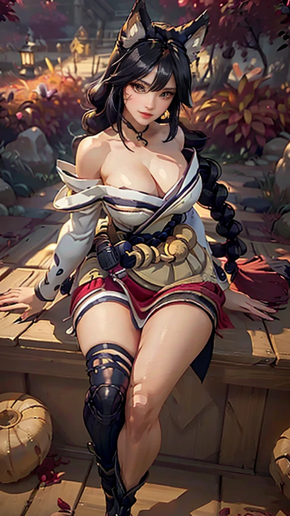 Ahri da league of legends,(best qualityer,4K,8k,high resolution, work of art:1.2)(weather: windy), 1girl, Japanese female, spirit forest background, red and white long sleeve korean kimono dress, cleavage, spirit sphere, cute makeup, thigh high boots, belt, long black hair, braided hair, fox ears, multiple fox tails, ultra detailed, realistic, portrait, beautiful detailed yellow eyes, beautiful detailed lips, extremely detailed eye and face, beautiful girl, long eyelashes, sexly, average, large breasts, beaming smile, combat stance, stunning curves, bright coloured, dramatic lighting,