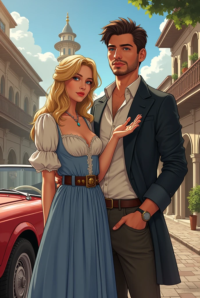 Create the cover of my book A PRINCESS IN TURKEY for me. Put the title in Brazilian Portuguese and my author name Kelly Ramos. Add a building in the background and a convertible car from the year 2023 to the cover of the book.,a princess dressed in dresses circa 1910 , his dark blond hair and blue eyes with a magic ring in his hand and a man dressed in casual clothes handsome and masculine man holding a cell phone talking in his ear make the image as human as possible very realistic