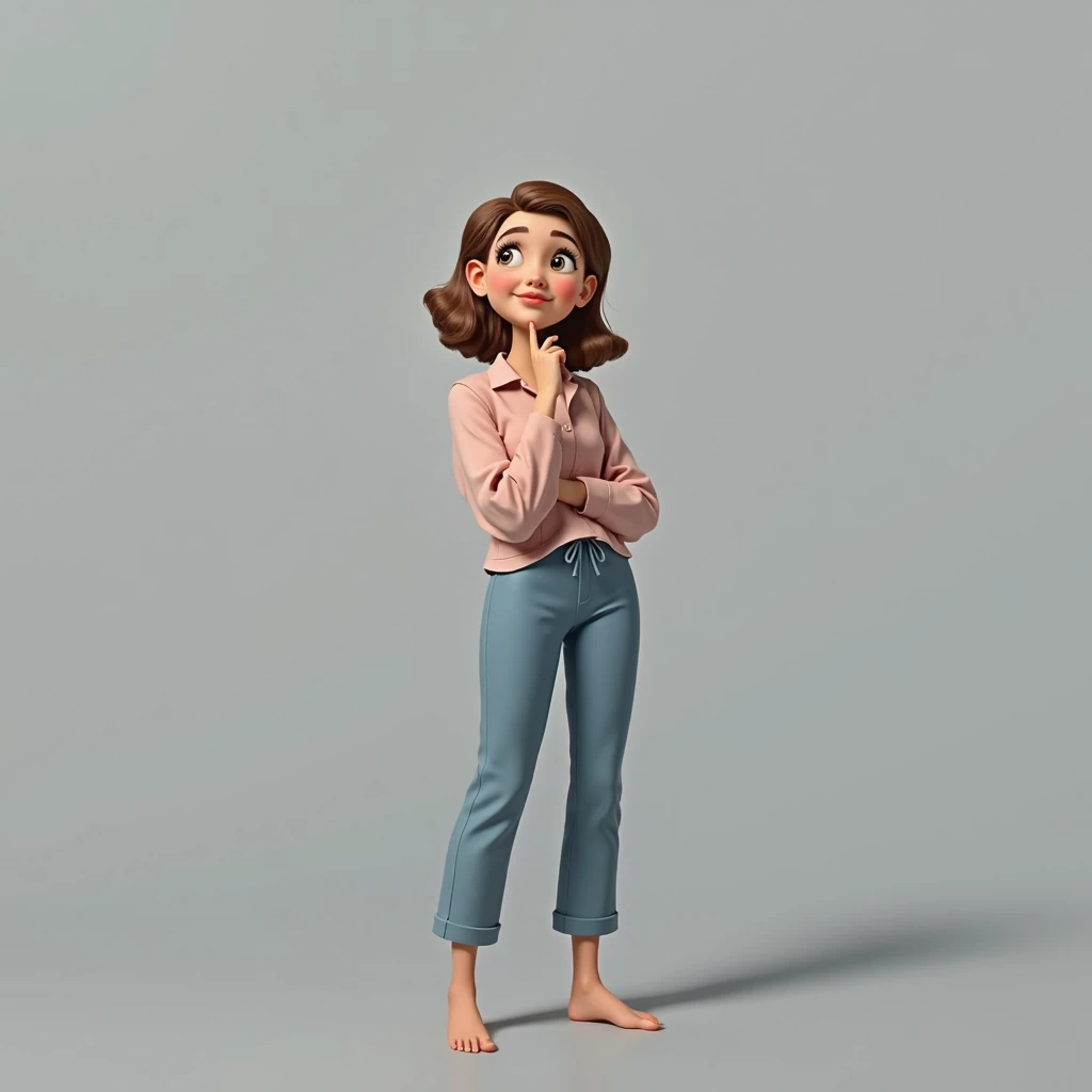 A woman is looking up and thinking about what she is going to eat, she is wearing a nice outfit, baby pink. In the second photo, this same woman is smiling and looking at the camera..