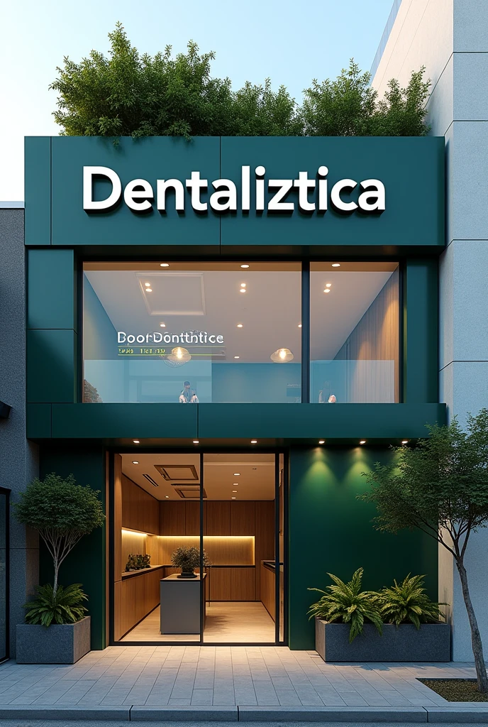 As the best exterior designer, design me an exterior for a dental clinic, where the name Dentaliztica is seen, be a color that reflects professionalism and is noticeable, you can use lead tones, emerald green or dark blue, a broad front