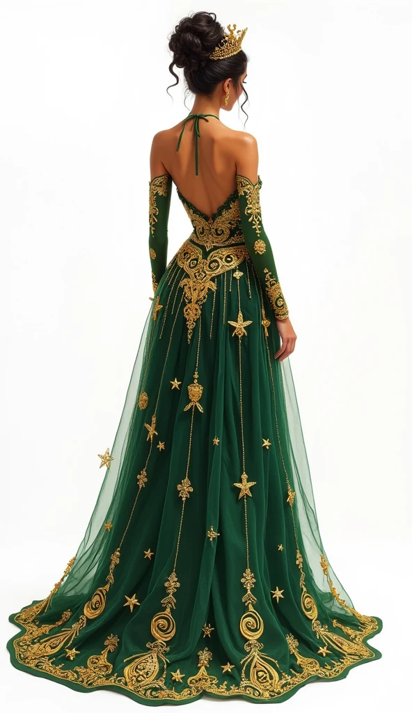 Create on a white background, Illustration of a quinceañera from behind, wearing an elaborate fantasy-themed costume, with gold stars and swirling patterns. Your clothing should resemble your real appearance., predominantly dark green, with intricate gold embellishments. The costume should feature rich and heavenly patterns., with a bare upper back and shoulders. The overall aesthetic should be magical and majestic., making the quinceañera look like a character from a fantasy kingdom.